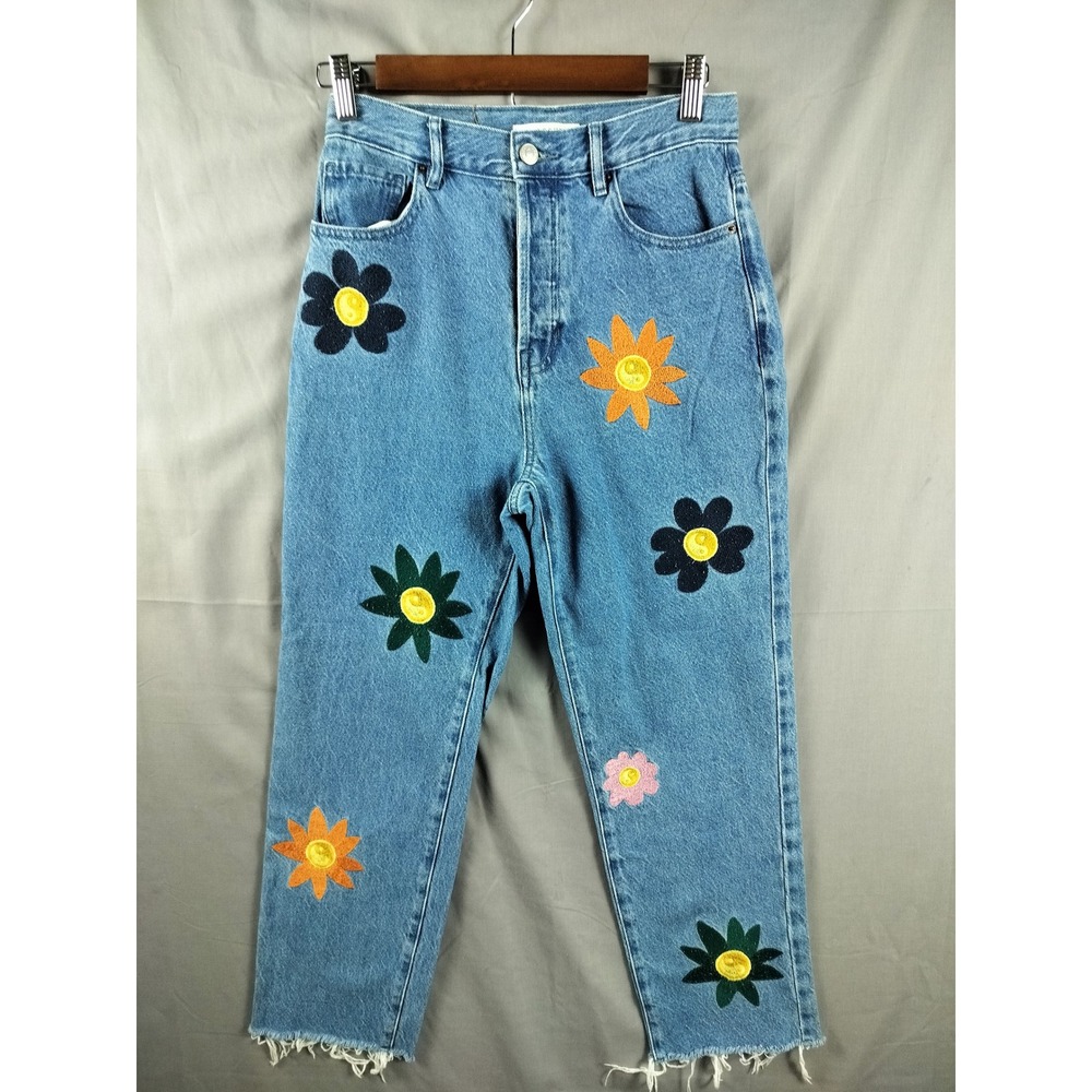 PacSun High Rise Straight Jeans Women 26 Blue Floral Embroidery Raw Hem Denim